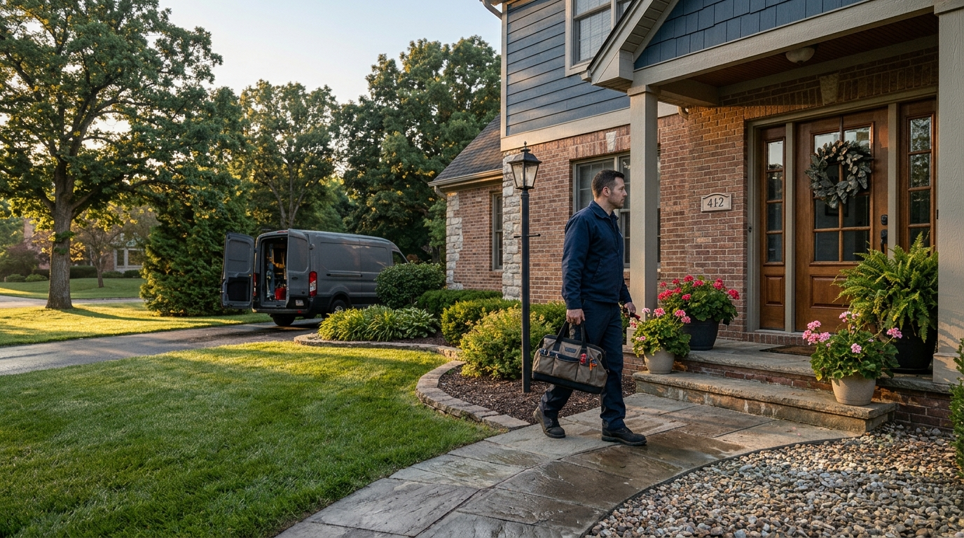 Emergency plumber arriving at a Huntington Beach home at dusk