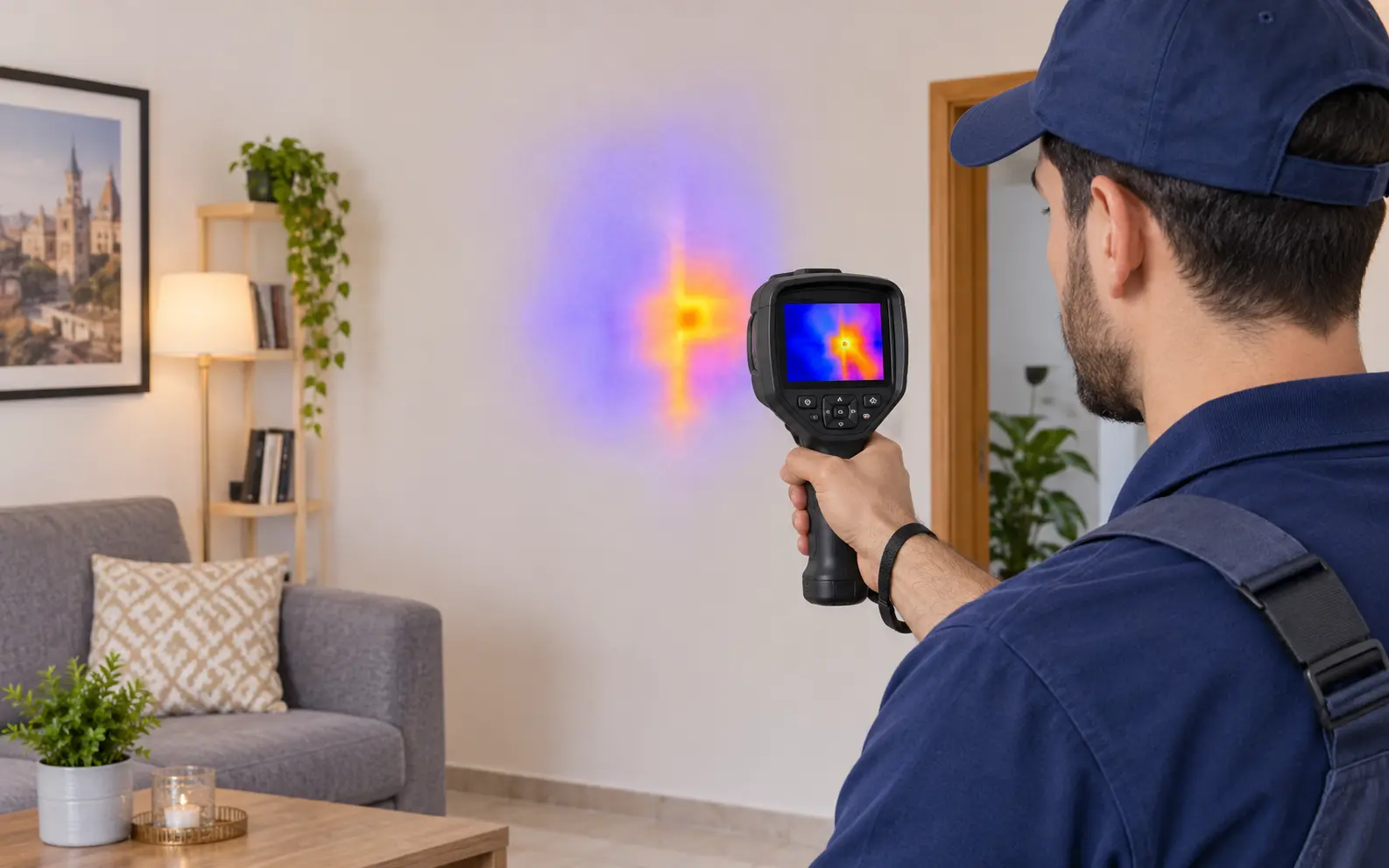 Plumber using a thermal camera to find a hidden leak