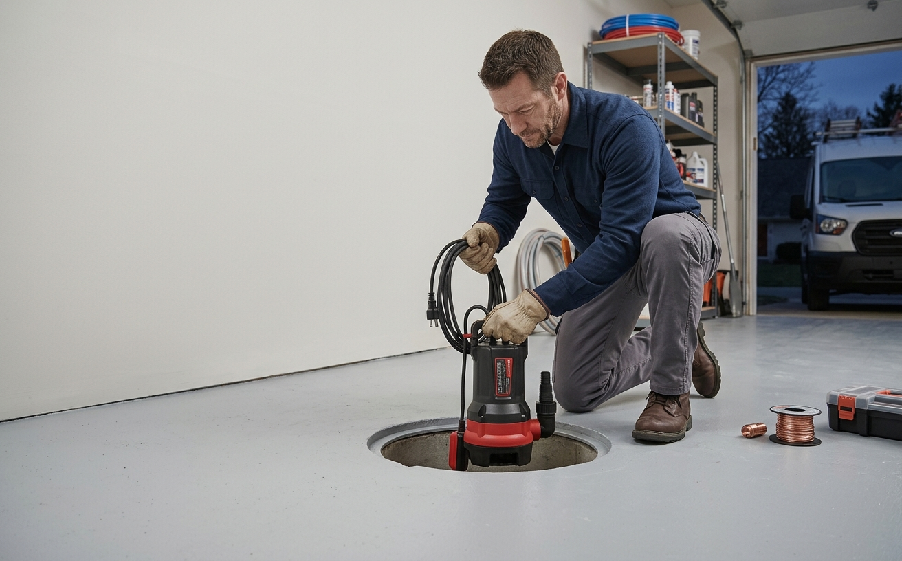 Plumber installing a sump pump in Huntington Beach, CA