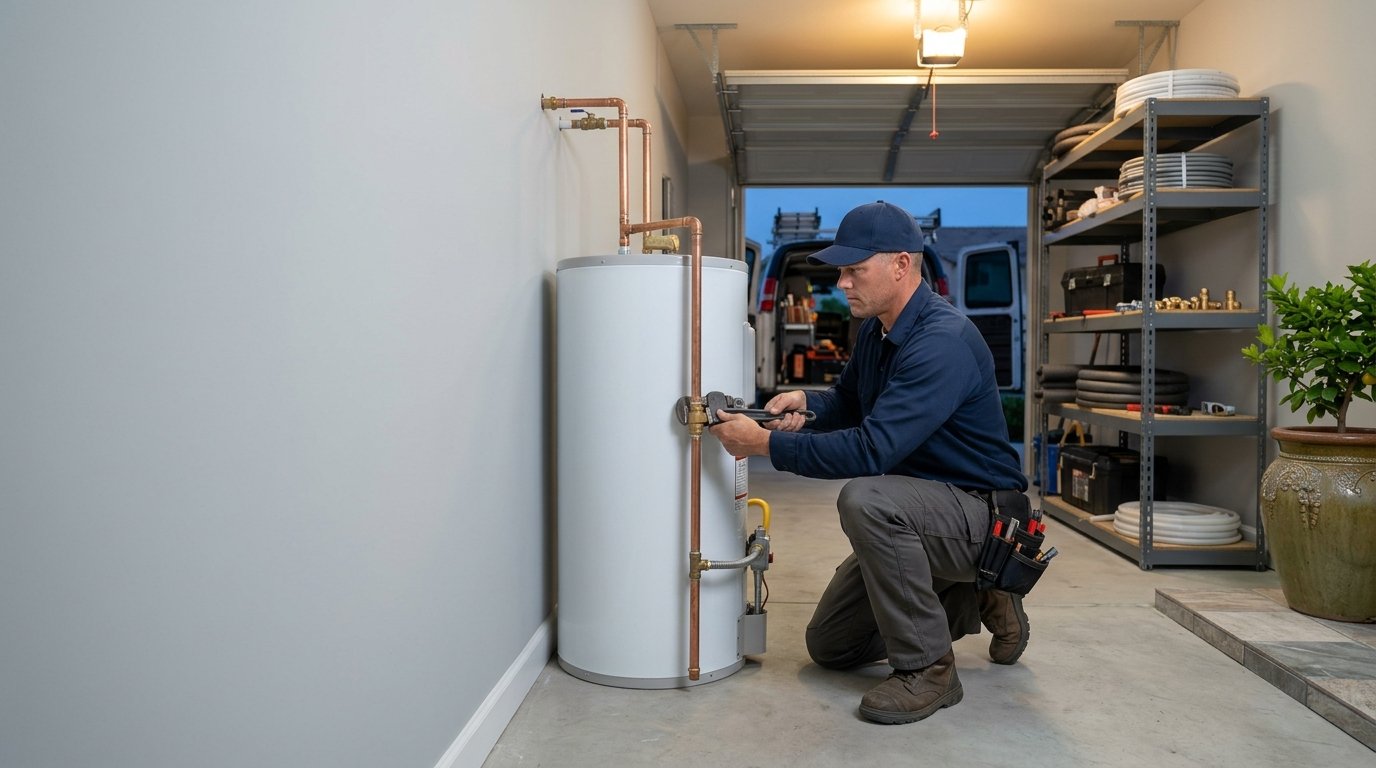 Plumber installing a water heater in Huntington Beach, CA